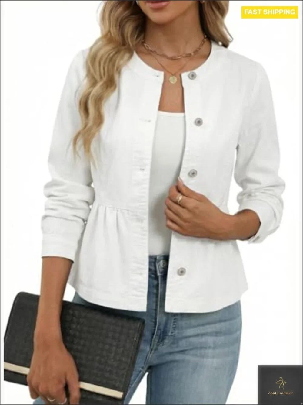 Cropped Denim Jacket Peplum Ruffle Hem Puff Sleeves Chic Modern Button Down